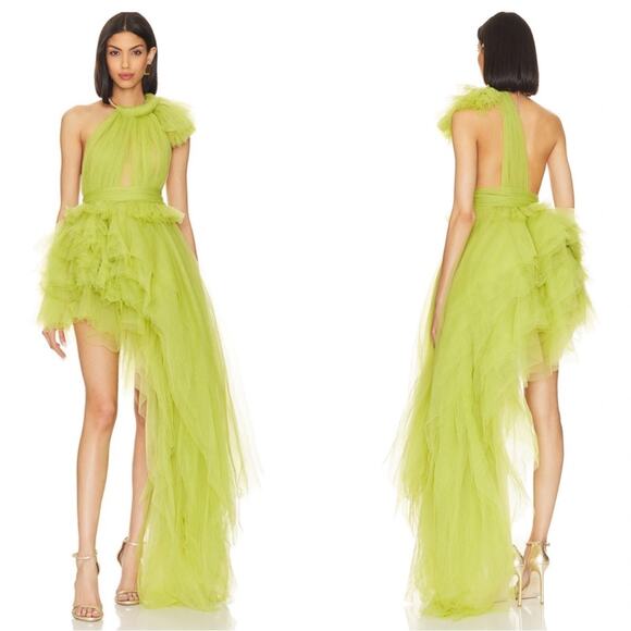 Bronx and Banco Taraji One Shoulder Tulle Tiered High Low Maxi Green Gown Sz XS - Picture 2 of 15